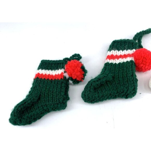 Stocking Christmas Ornaments Hand Knit Crochet Green White Pom Poms Lot of 4 Vtg - Picture 6 of 6